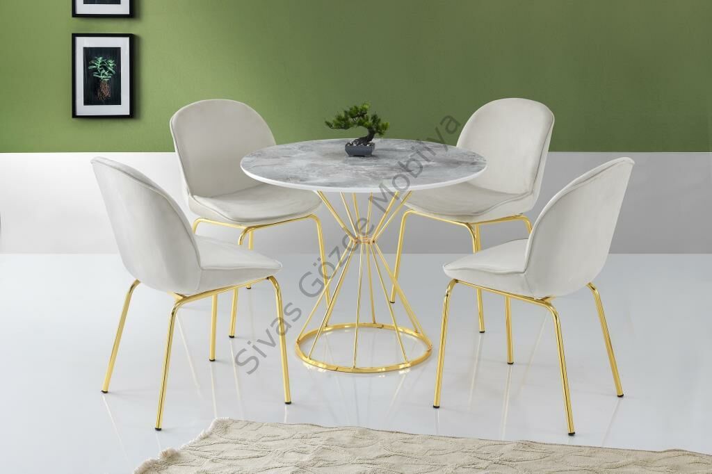 Kum Saati High Gloss Beyaz Gold Mutfak Masa 4 Sandalye Seti 90cm