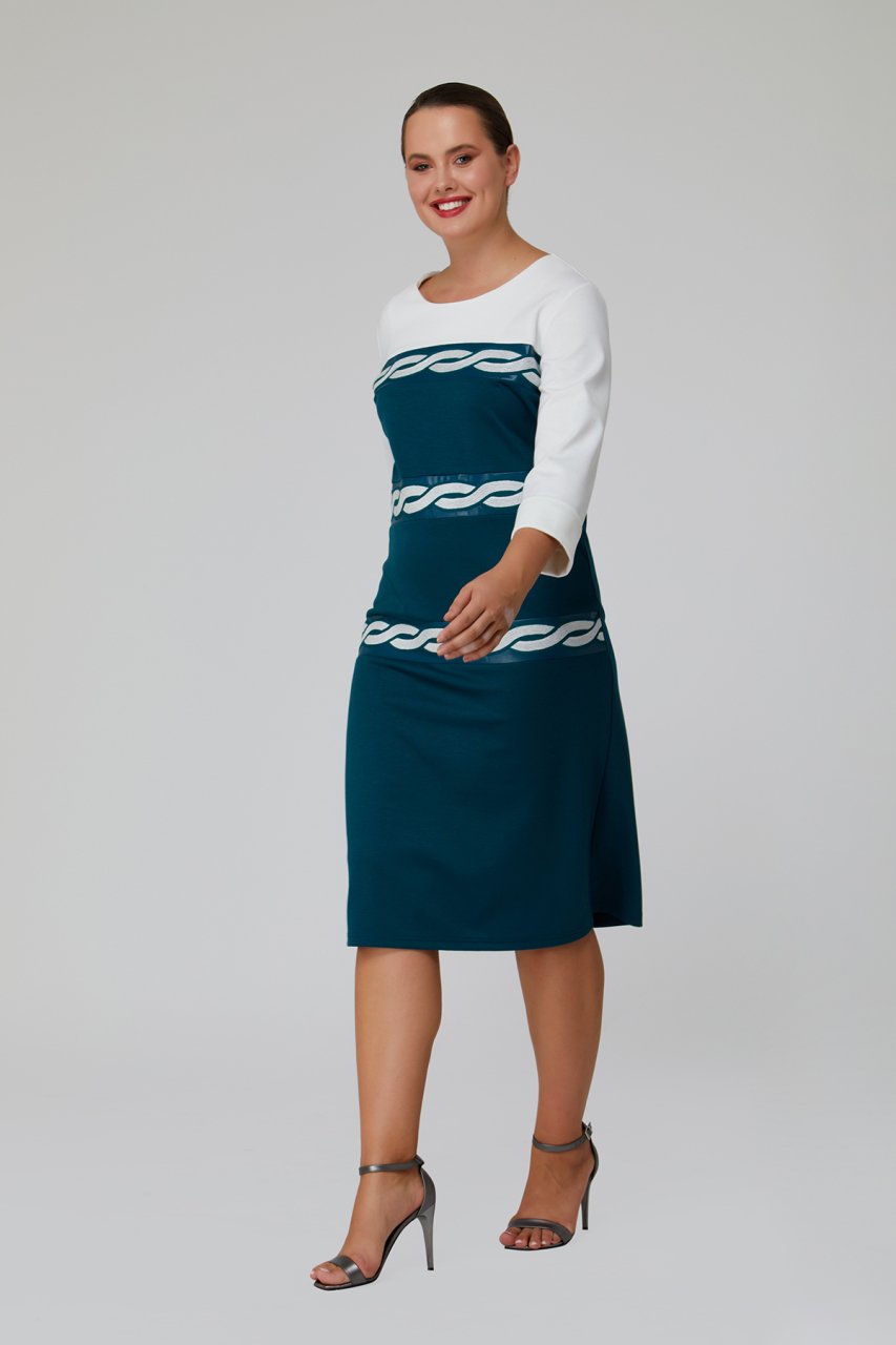 Nakışlı Deri Şerit Detaylı Çift Renk Büyük Beden Kadın Elbise 3401