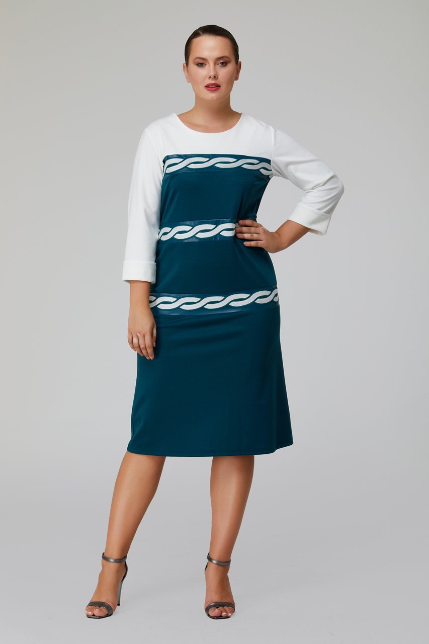 Nakışlı Deri Şerit Detaylı Çift Renk Büyük Beden Kadın Elbise 3401