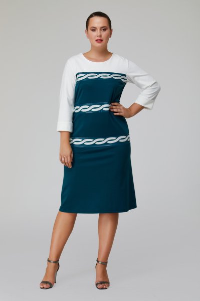 Nakışlı Deri Şerit Detaylı Çift Renk Büyük Beden Kadın Elbise 3401