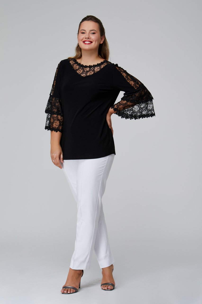 Dantel ve Çiçek Motif Detaylı Büyük Beden Bluz 8666D