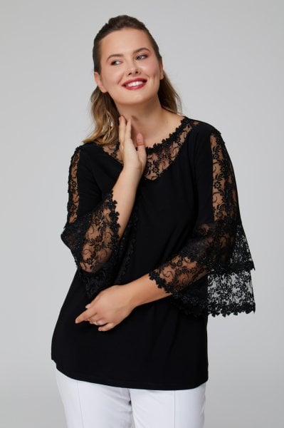 Dantel ve Çiçek Motif Detaylı Büyük Beden Bluz 8666D