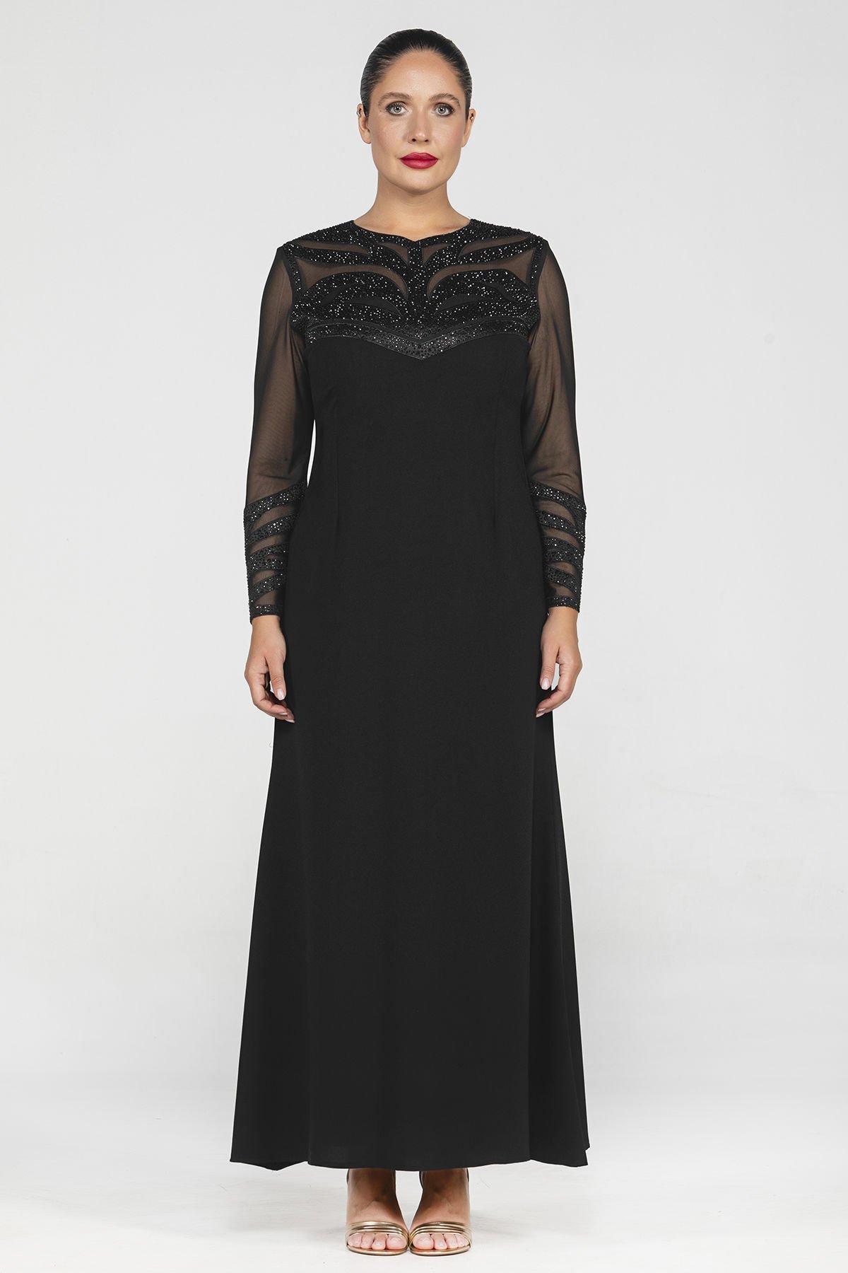 Nakış ve Taş Detaylı Büyük Beden Abiye Elbise 3555