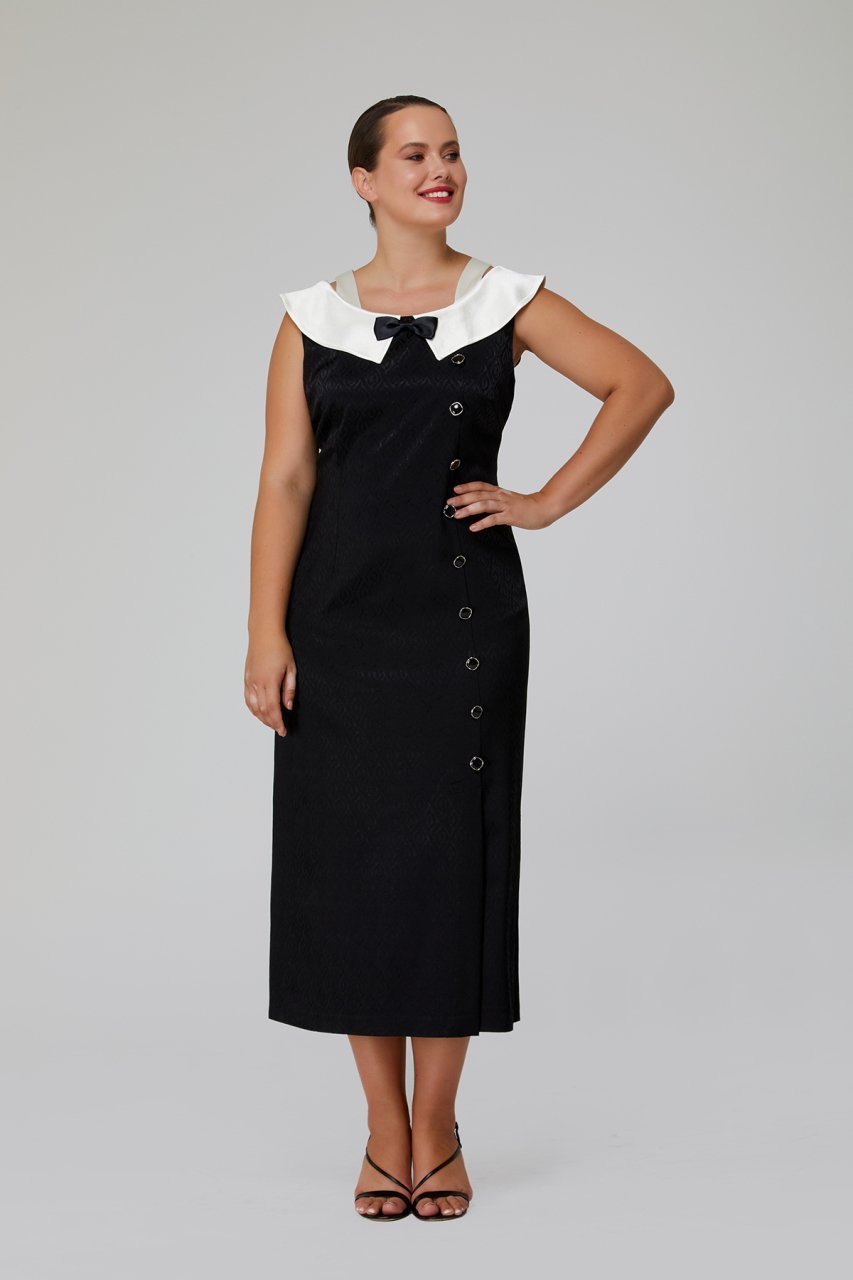 Kayık Form Saten Yakalı Yandan Düğme Detaylı Büyük Beden Midi Boy Elbise 3402