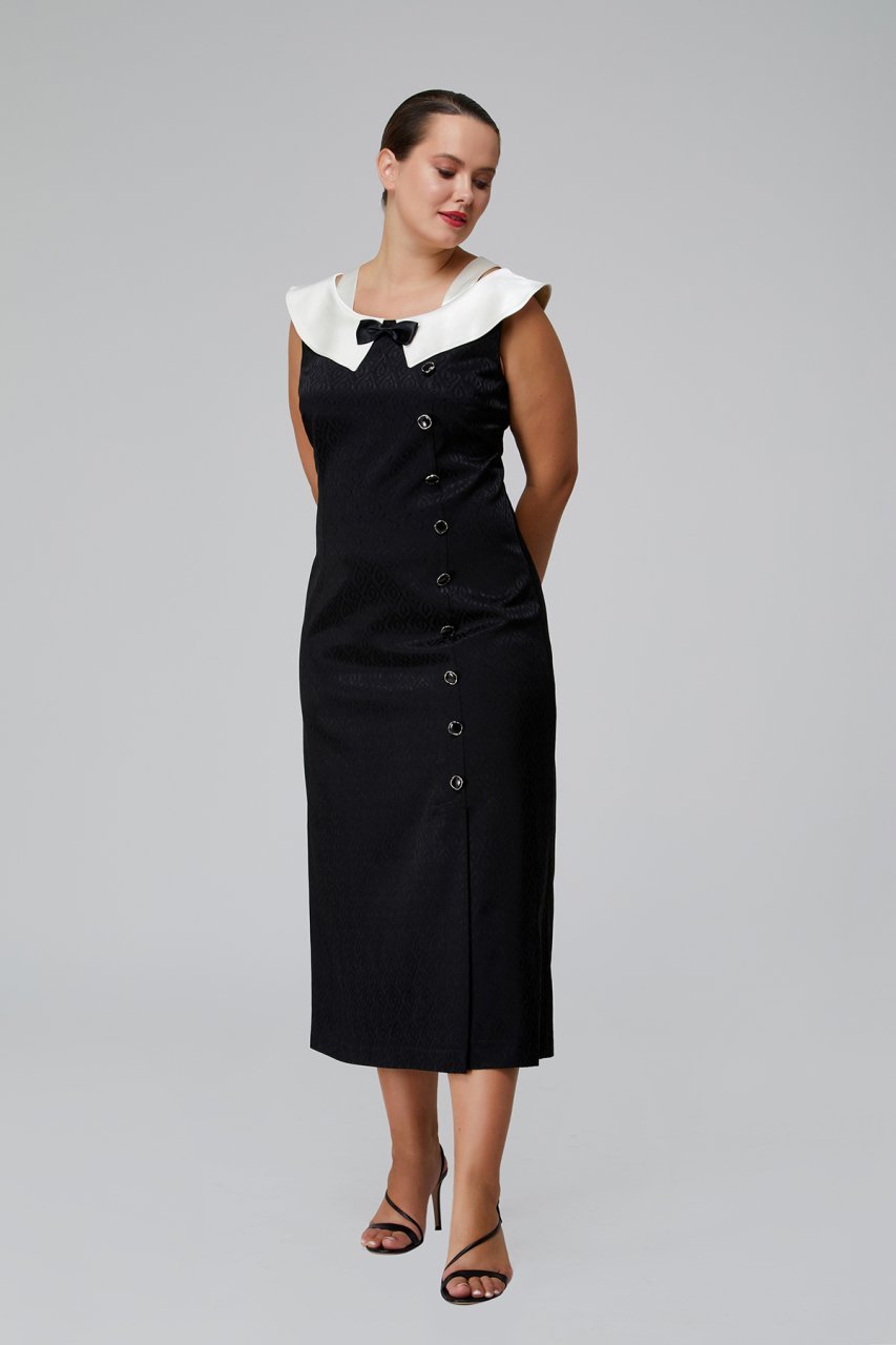 Kayık Form Saten Yakalı Yandan Düğme Detaylı Büyük Beden Midi Boy Elbise 3402