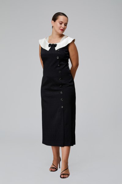 Kayık Form Saten Yakalı Yandan Düğme Detaylı Büyük Beden Midi Boy Elbise 3402