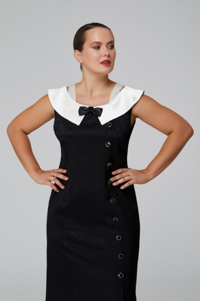 Kayık Form Saten Yakalı Yandan Düğme Detaylı Büyük Beden Midi Boy Elbise 3402