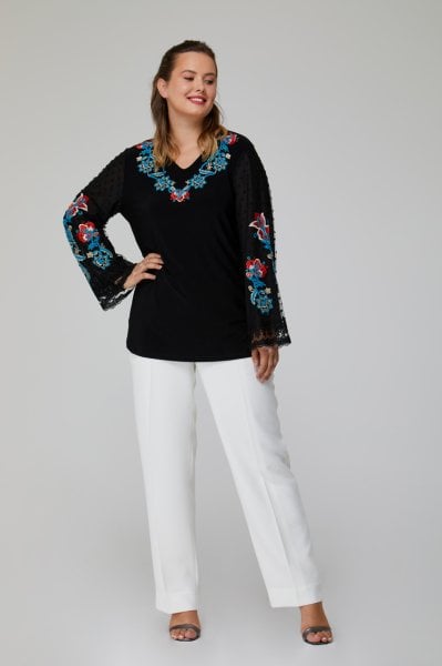 Yaka ve Kolu Zıt Renk Nakış Motifli Büyük Beden Kadın Bluz 8882