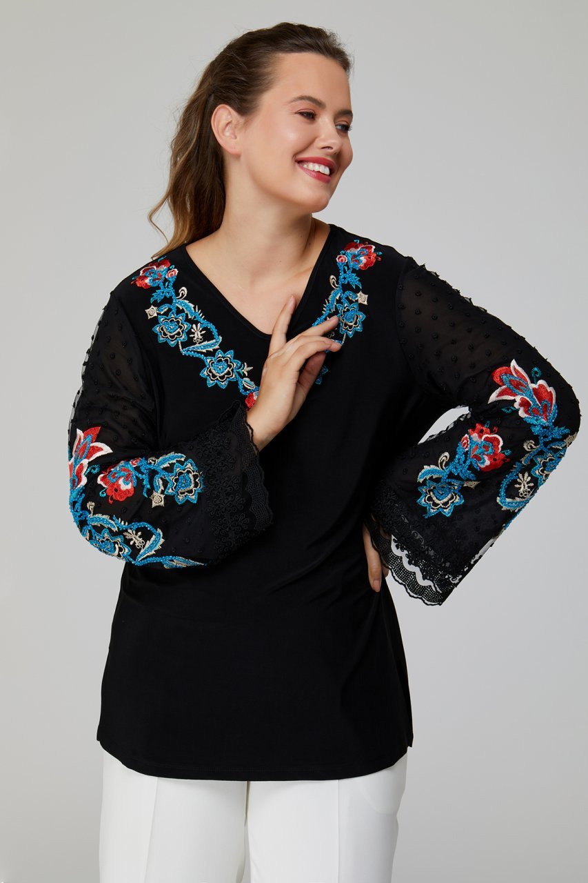 Yaka ve Kolu Zıt Renk Nakış Motifli Büyük Beden Kadın Bluz 8882