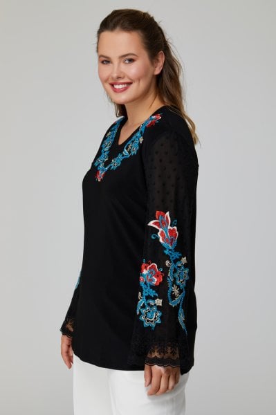 Yaka ve Kolu Zıt Renk Nakış Motifli Büyük Beden Kadın Bluz 8882