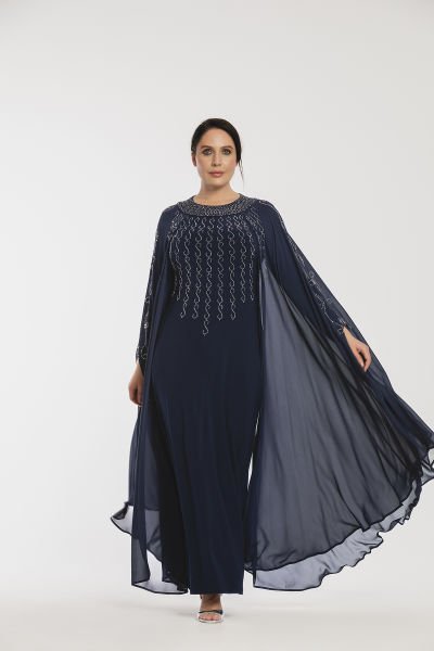 Şifon Pelerin Detaylı Taşlı Büyük Beden Abiye Elbise 3573