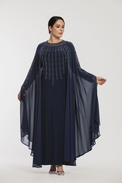 Şifon Pelerin Detaylı Taşlı Büyük Beden Abiye Elbise 3573