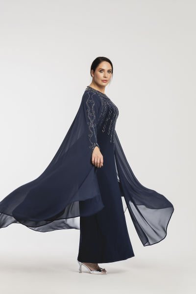 Şifon Pelerin Detaylı Taşlı Büyük Beden Abiye Elbise 3573