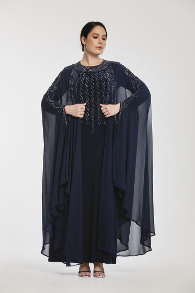 Şifon Pelerin Detaylı Taşlı Büyük Beden Abiye Elbise 3573