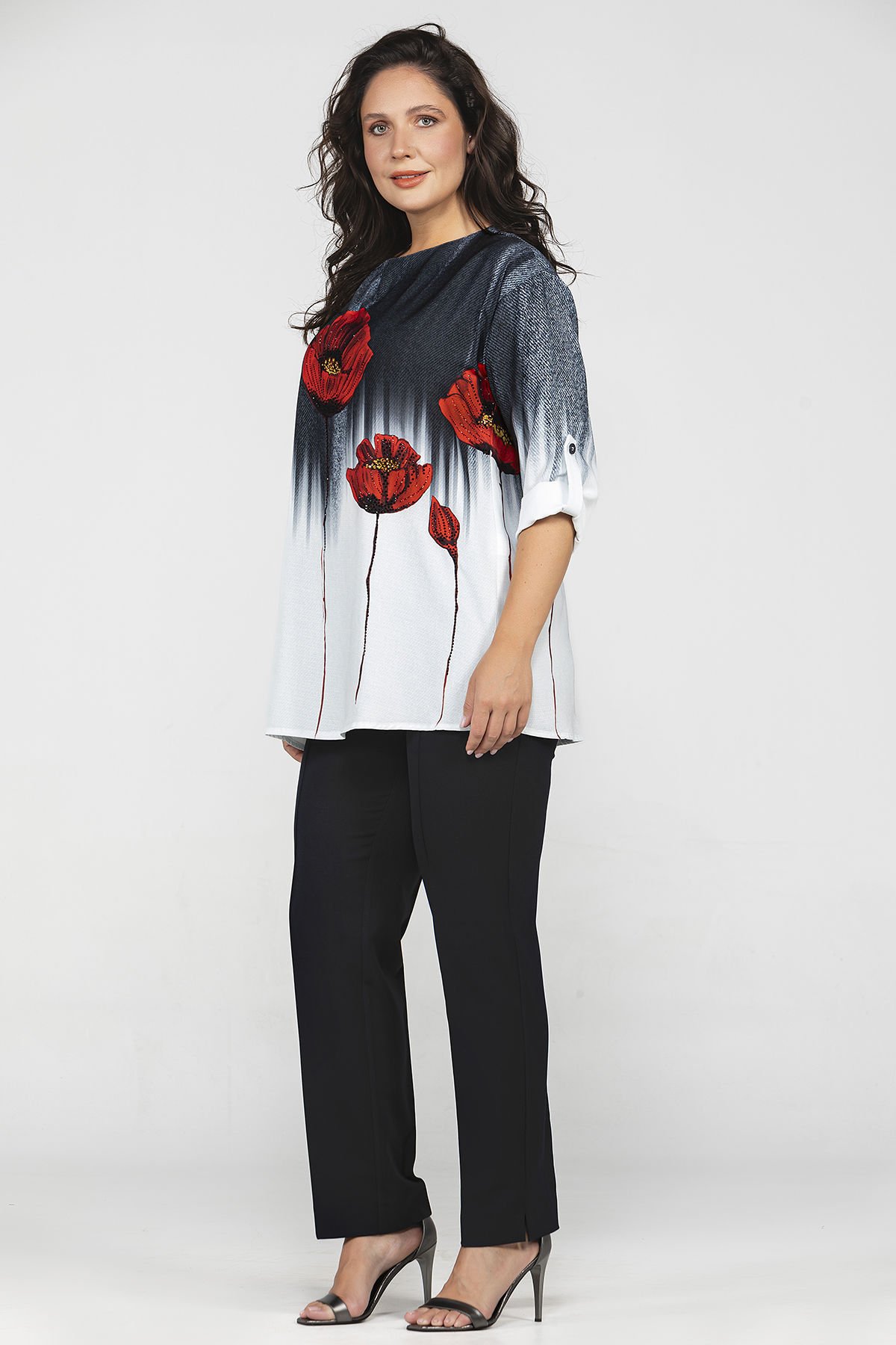 Çiçek Desen Baskılı Rahat Kesim Büyük Beden Kadın Bluz 8974