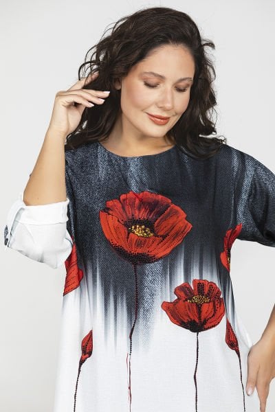 Çiçek Desen Baskılı Rahat Kesim Büyük Beden Kadın Bluz 8974