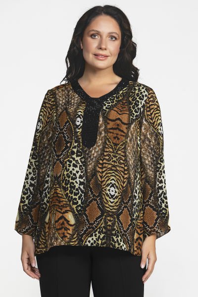 Yakası Taş Detaylı Hayvansal Desenli Büyük Beden Kadın Bluz 8954