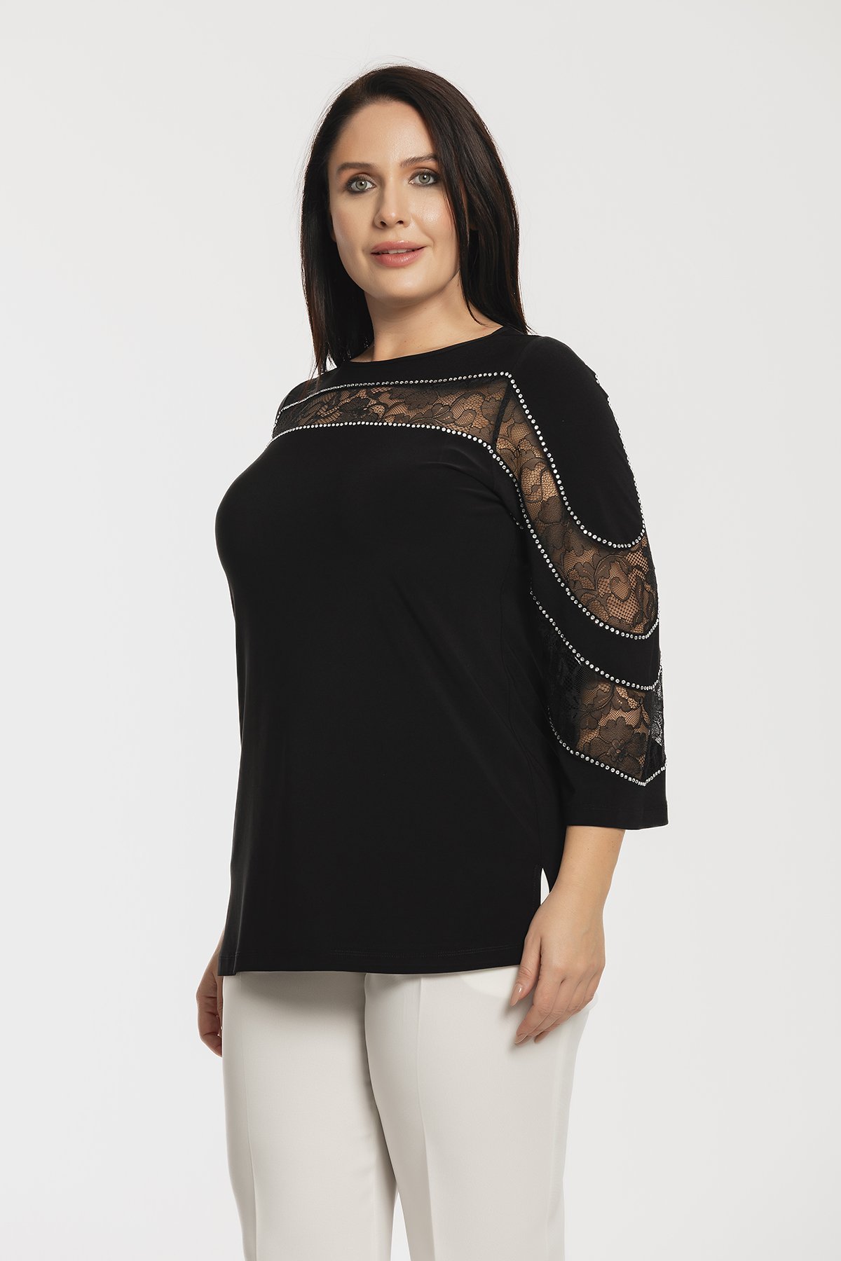 Parçalı Dantelli Büyük Beden Kadın Bluz 9006
