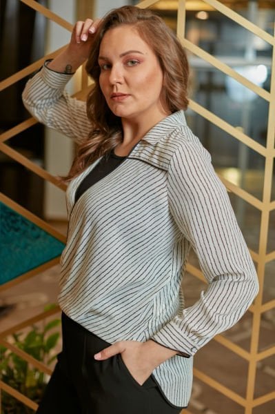 İnce Çizgili Kruvaze Form Büyük Beden Gömlek 8499