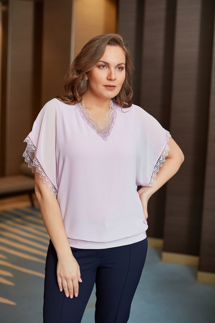 Dantel ve Boncuk Detaylı Büyük Beden Şifon Bluz 8812