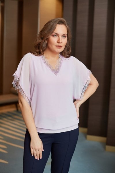 Dantel ve Boncuk Detaylı Büyük Beden Şifon Bluz 8812