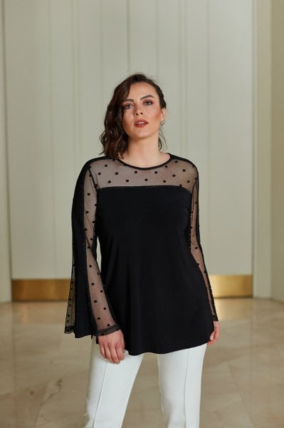 Flok Puantiye Baskı Detaylı Büyük Beden Bluz 8728