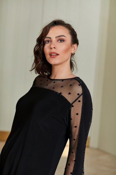 Flok Puantiye Baskı Detaylı Büyük Beden Bluz 8728