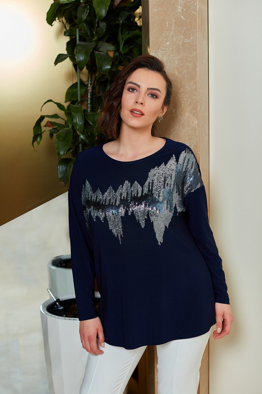 Zigzag Payet Nakış Düşük Omuz Büyük Beden Spor Bluz 8788