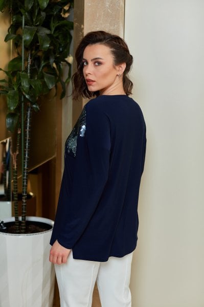 Zigzag Payet Nakış Düşük Omuz Büyük Beden Spor Bluz 8788