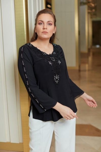 Güpür ve İnci Detaylı Büyük Beden Kadın Bluz 8766