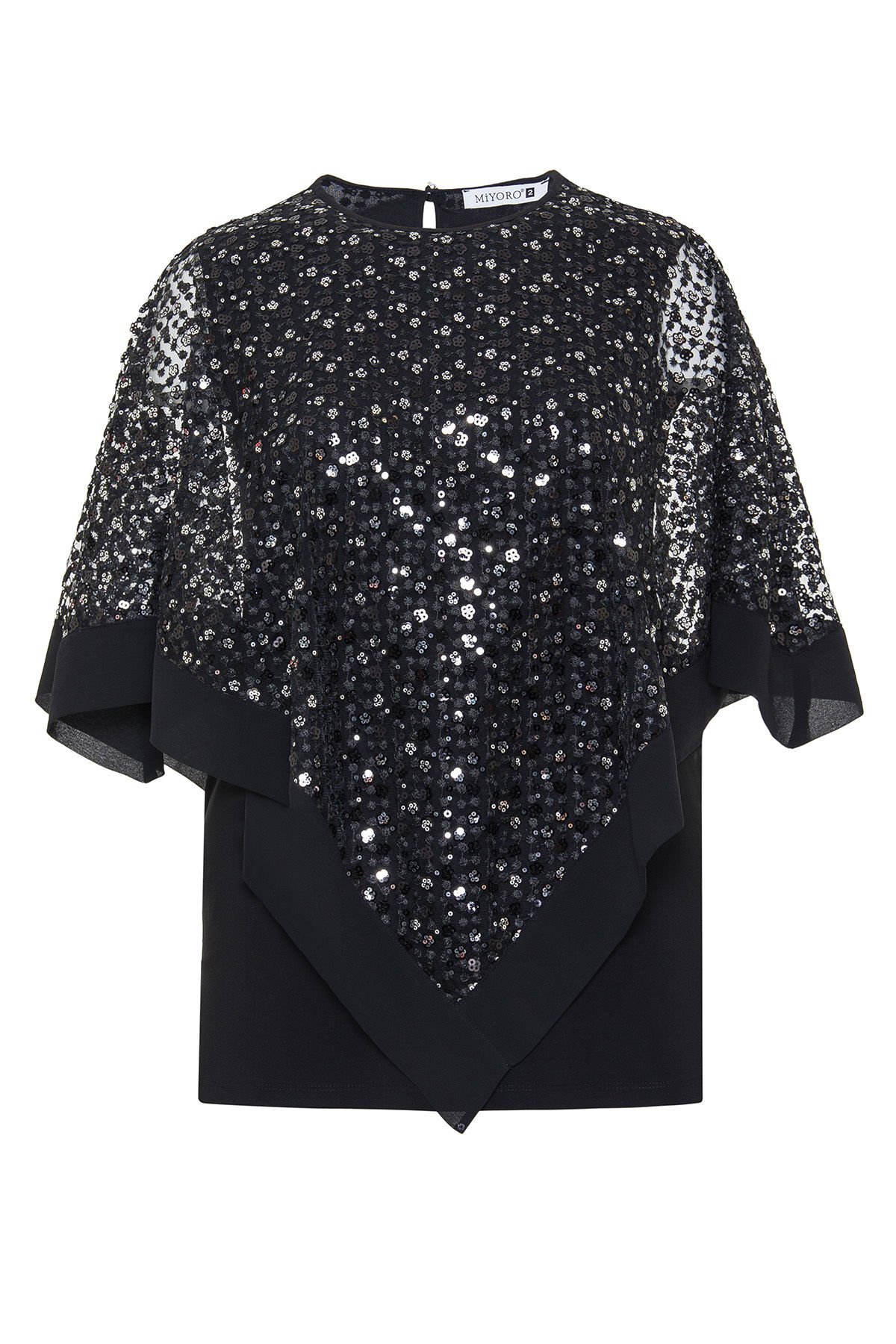 Punto Nakış ve Payet Detaylı Üçgen Kesim Pelerinli Büyük Beden Kadın Bluz 8843-Y