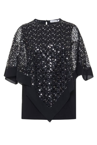 Punto Nakış ve Payet Detaylı Üçgen Kesim Pelerinli Büyük Beden Kadın Bluz 8843-Y