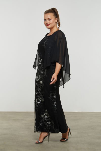 Papatya Yaka Motifli Payet İşlemeli Şifon Kol Detaylı Büyük Beden Abiye Elbise 3488