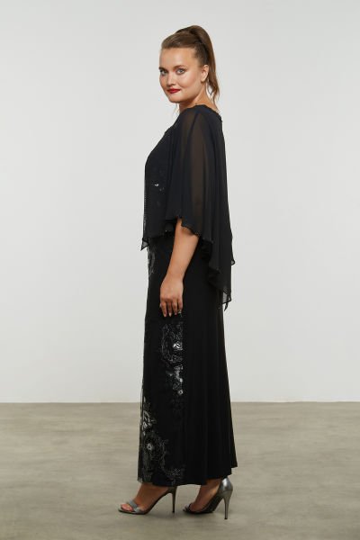 Papatya Yaka Motifli Payet İşlemeli Şifon Kol Detaylı Büyük Beden Abiye Elbise 3488