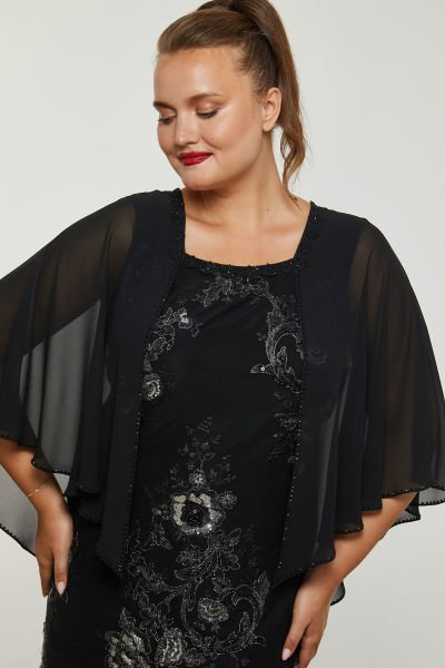 Papatya Yaka Motifli Payet İşlemeli Şifon Kol Detaylı Büyük Beden Abiye Elbise 3488