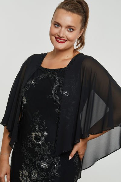 Papatya Yaka Motifli Payet İşlemeli Şifon Kol Detaylı Büyük Beden Abiye Elbise 3488