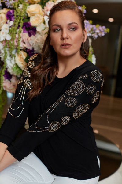 Omuzları Gold Taş Detaylı Büyük Beden Bluz 7876