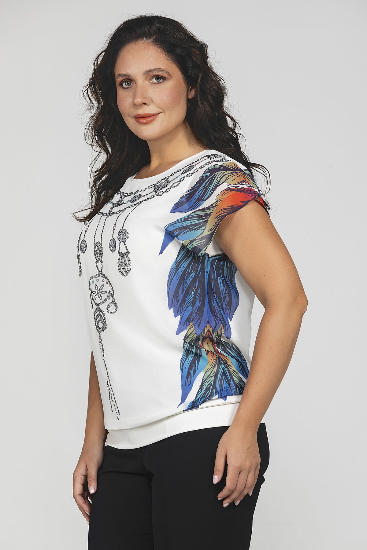 Düşük Omuzlu Desenli Büyük Beden Kadın Bluz 8980