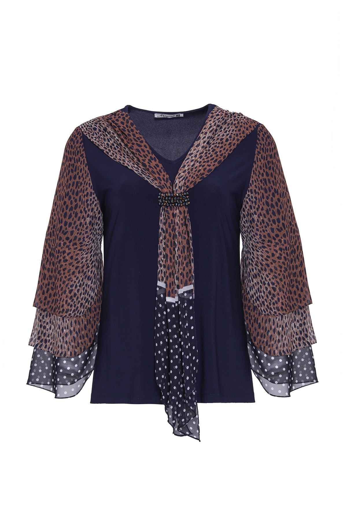 Üç Kat Kol ve Yakada Şal Detaylı Büyük Beden Kadın Bluz 7562