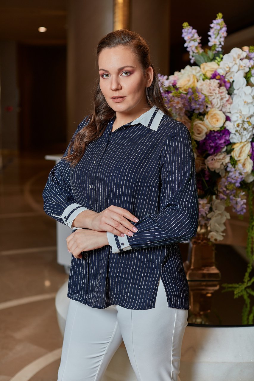 Yaka ve Manşet Biye Detaylı Çizgli Büyük Beden Gömlek 8658