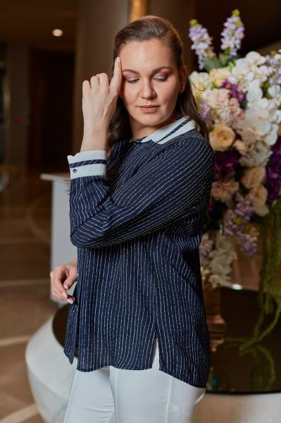 Yaka ve Manşet Biye Detaylı Çizgli Büyük Beden Gömlek 8658