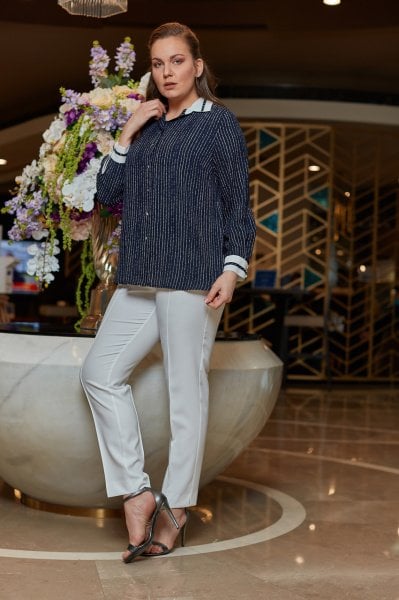 Yaka ve Manşet Biye Detaylı Çizgli Büyük Beden Gömlek 8658