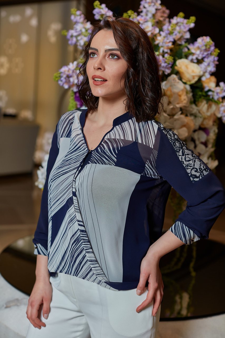 Asimetrik Desen Büyük Beden Gömlek 8116