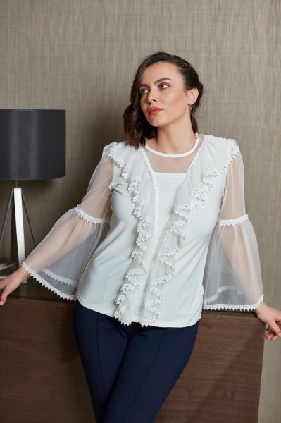 Tül Volanlı ve Tül Kollu Büyük Beden Bluz 8719