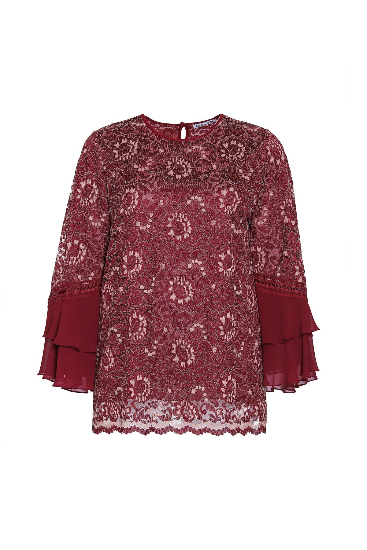 Volan Kollu Çift Renk Dantelli Büyük Beden Bluz 8743Y