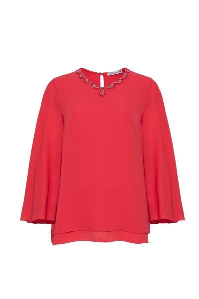 Arkadan Öne Doğru Dönen Pelerin Kol Detaylı Büyük Beden Kadın Bluz 8566