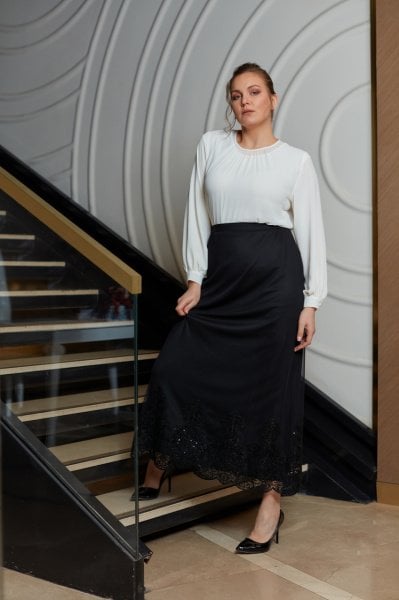 Etek Ucu Motifli Kemerli Büyük Beden Tül Etek 1930