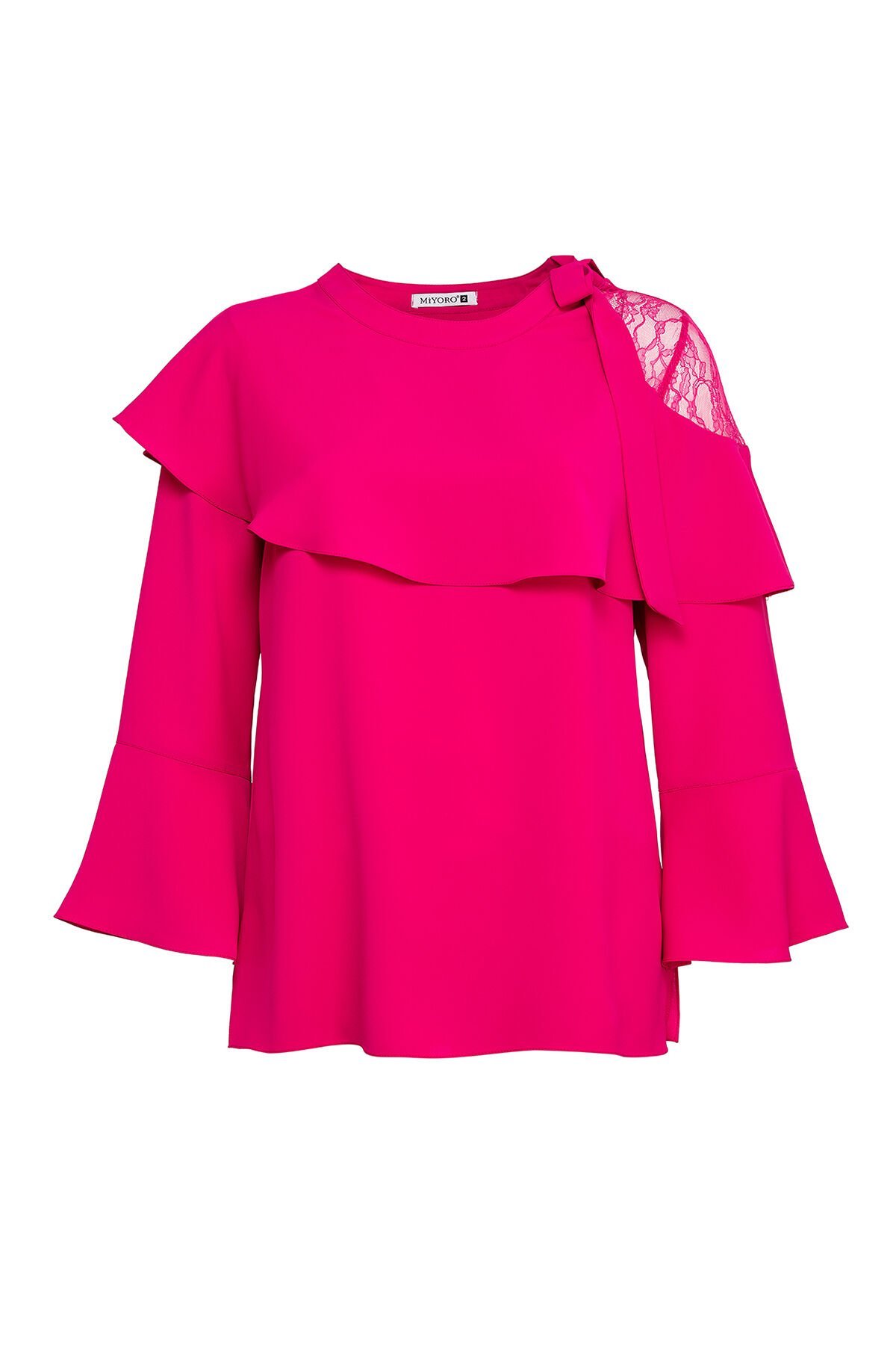 Tek Omzu Dantel Yakası Bağcık Detaylı Büyük Beden Kadın Bluz 8932