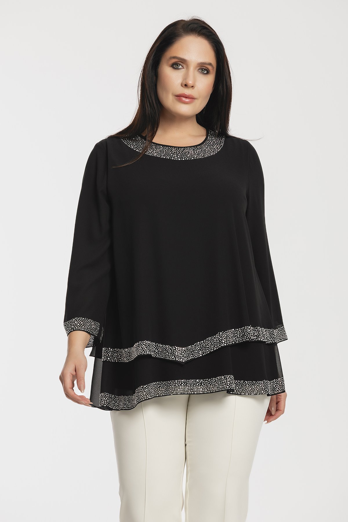 Çift Kat Taş Detaylı Büyük Beden Abiye Bluz 8994
