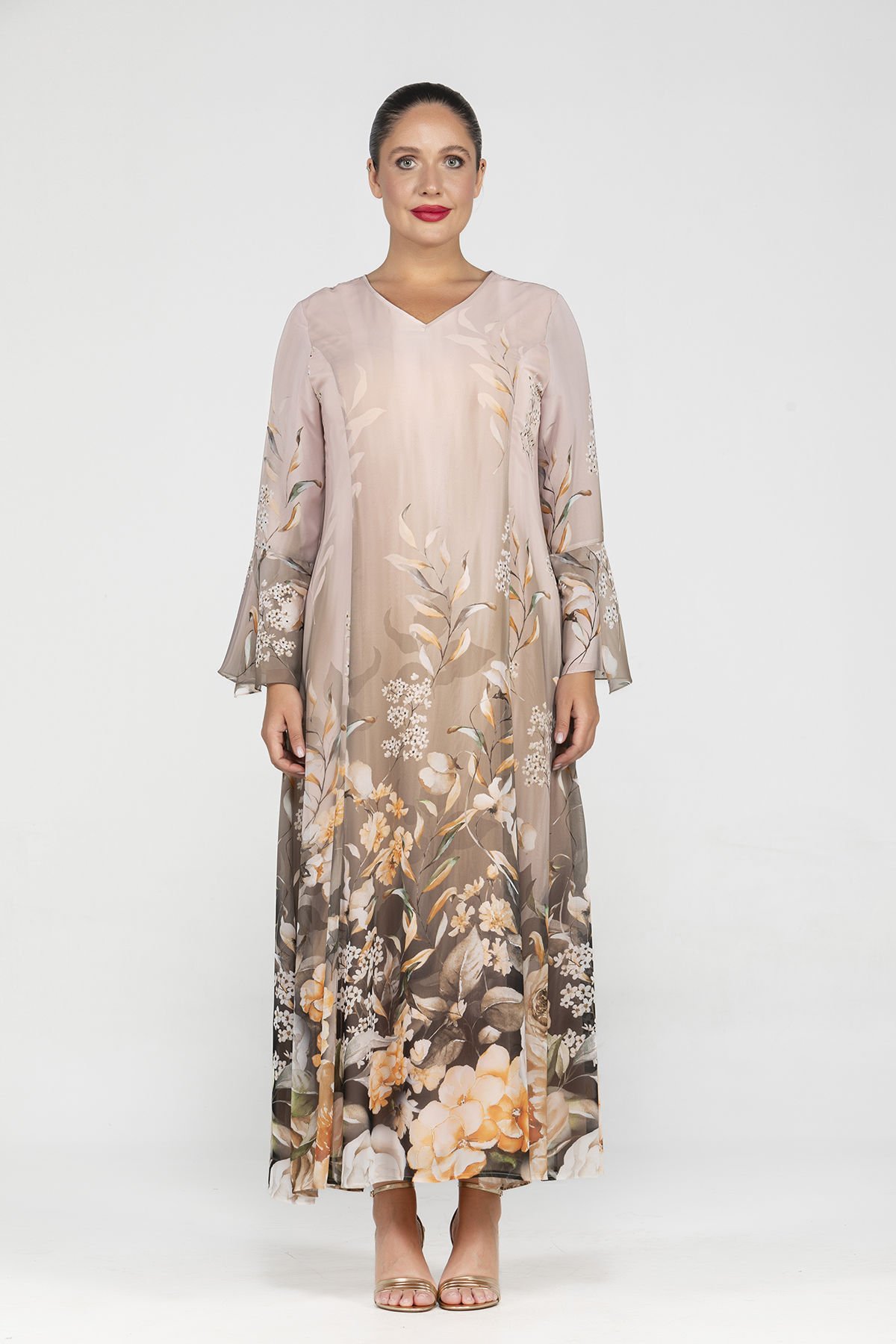 Çiçek Desenli Uzun Şifon Büyük Beden Kadın Elbise 3559